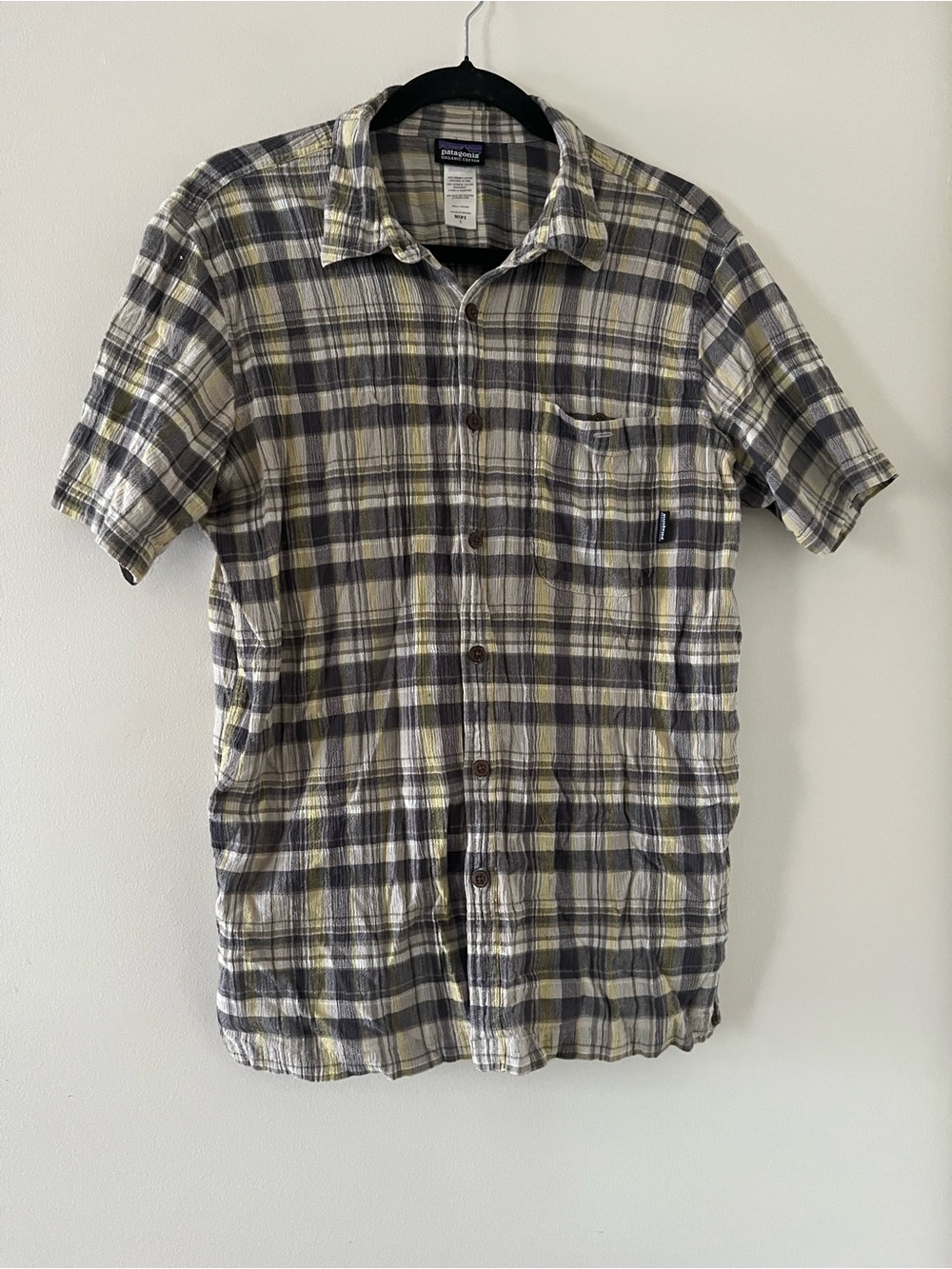 Patagonia Gray Green Plaid Short Sleeve Button Down Shirt Mens Large Cotton